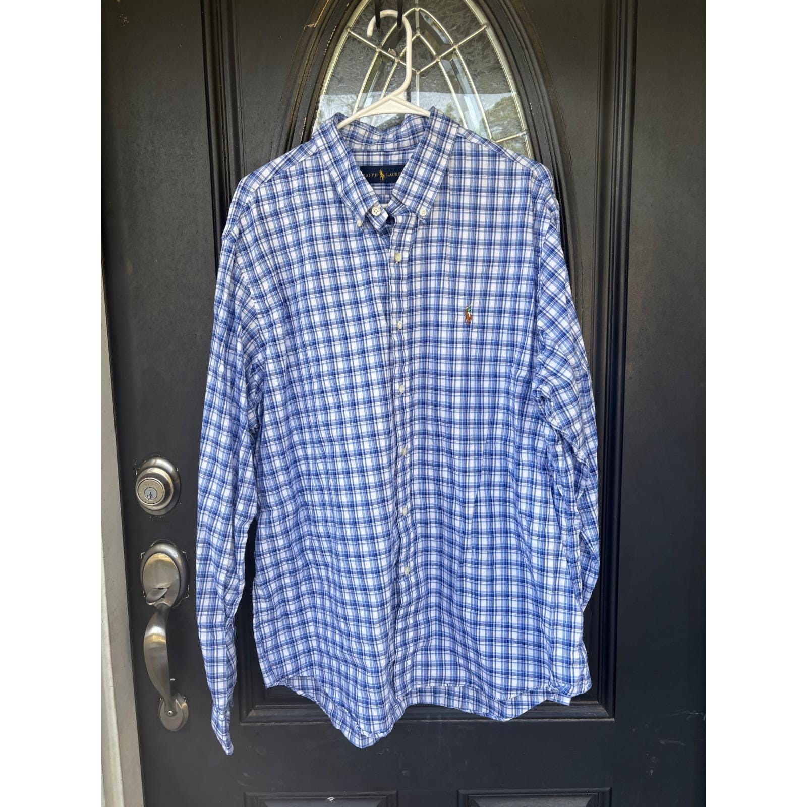 Ralph Lauren Mens Xxl Blue White Plaid Long Sleeve Button Down Cotton Shirt